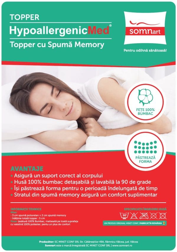 Memory topper, levehető pamut huzat, 90°C-os mosás, HypoallergénMed Somnart, 140 × 190 cm