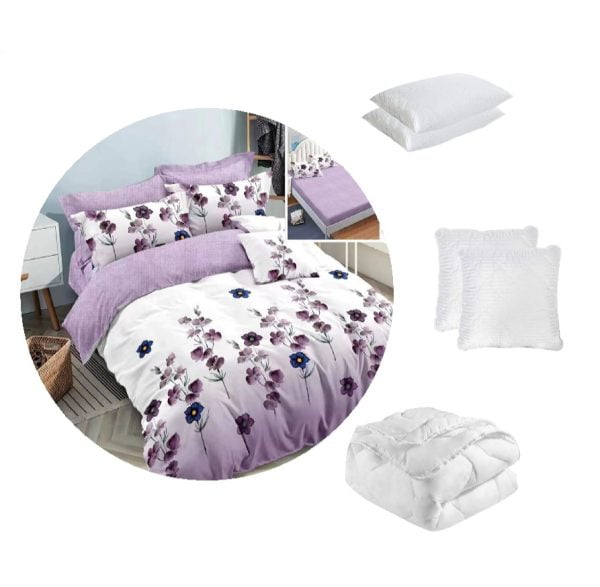 📣 AKCIÓS CSOMAG: 1 db extra 6 részes finom ágynemű, lepedő elasztikus popcorn lila + 1 db paplan 200×220 + 2 db 50×70 párna + 2 db 70×70 párna