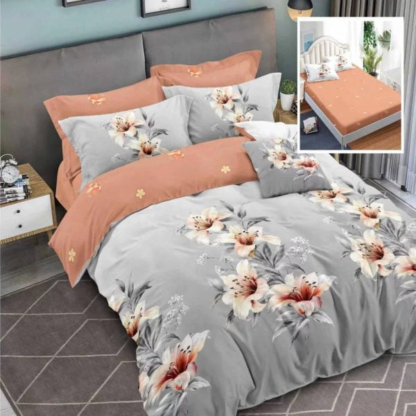 Finom ágynemű 6 db, ágynemű gumival, lepedő 200×230, 2 párnahuzat 50×70, 2 párnahuzat 70×70, Extra, Szürke modell krém virágokkal