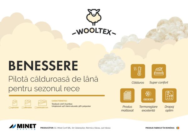 Meleg steppelt téli takaró Wooltex Benessere Somnart, 150×200 cm, gyapjú töltet, 600 g/m², anyag 100% pamut